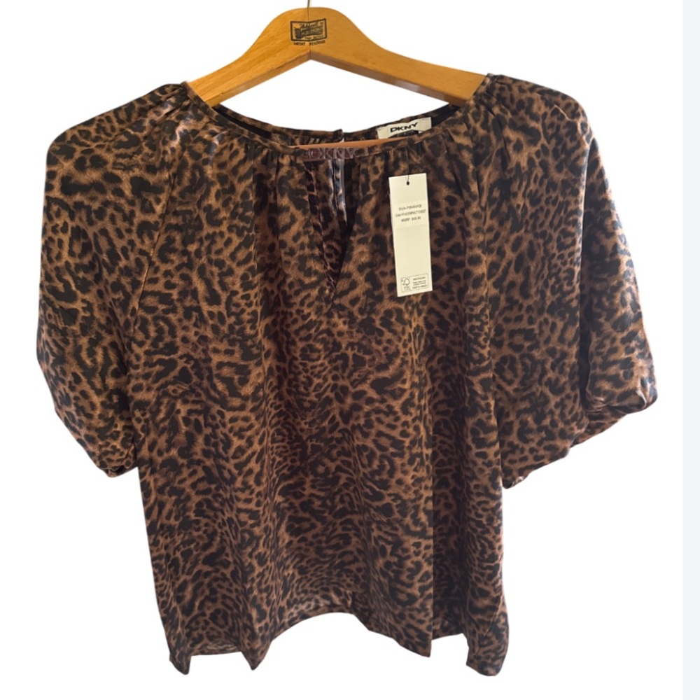 DKNY Brown Leopard-Print Short Sleeve Blouse